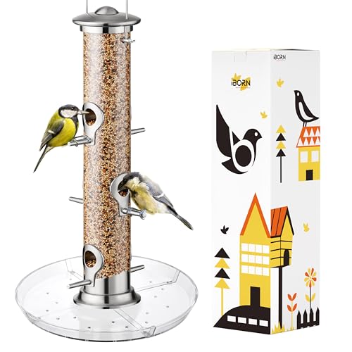 iBorn Bird Feeders Seed Catcher for Outside Hanging 6 Port Bird Feeder for Cardinal Birds Aluminium Metal,Brushed Nickle Finishing 14 Inch 6 Port (Seed is not Included) - color: Brushed Nickle, 14 inch, 6 Ports