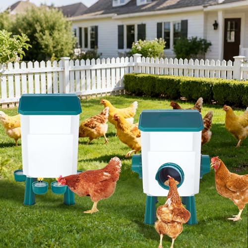Auto No Waste Chicken Feeder and Waterer Set 3 Gallon/26.4 Pounds | Sturdy & Durable Chick Feeder and Waterer Set, Poultry Feeder Large for Hens/Ducks/Poultry - color: Blue