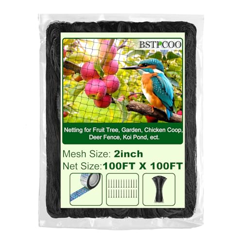 BSTPCOO Chicken Netting Roof Hawk 100x100ft, Heavy Duty 2" Mesh Bird Net | Bird Nettings for Garden with Birds Scare Tape, Nylon Bird Netting for Chicken Coop, Avian Nettings Deer Fence Fruit Tree Net - size: 100'×100'-2''