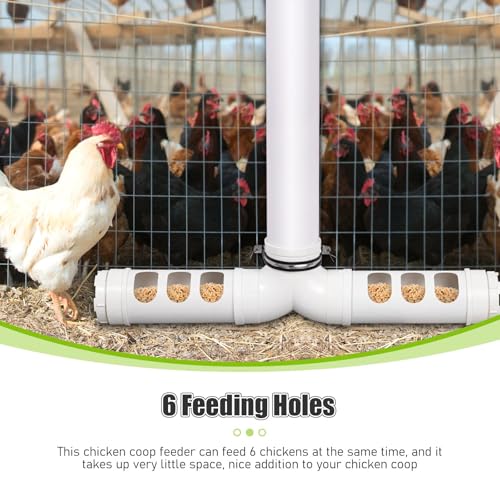 PVC Chicken Feeder 12 Lbs, Automatic Chicken Feeder No Waste | Wall Mounted Chicken Feeder Kit Gravity Fed, Auto Poultry Feeder with 6 Feeding Holes for Chicken Coop