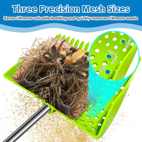 12" 2-in-1 Chicken Poop Scooper & Rake (US Patent No. D1124534), 3-Shape Sifting Holes Chicken Coop Rake, Stainless Steel Handle (20–61") - Litter Scoop Sand & Sifting Shovel (Green) - color: Green