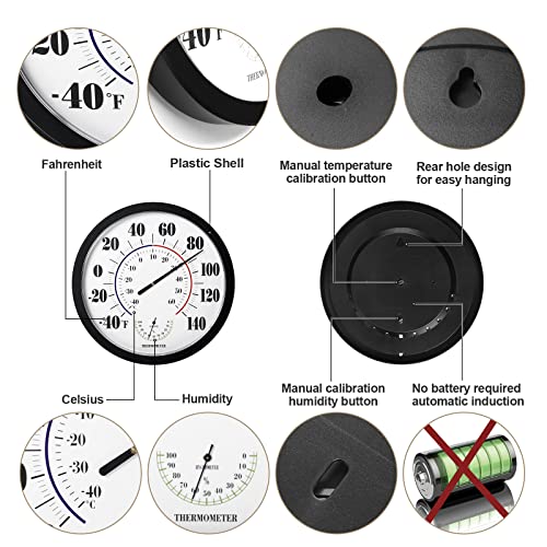 Indoor Outdoor Thermometer Wall Large Numbers Thermometer No Battery 10" Hanging Digital Weather Hygrometers for Home Garden Outside Patio Decor (Black) - color: Black, size: 10"