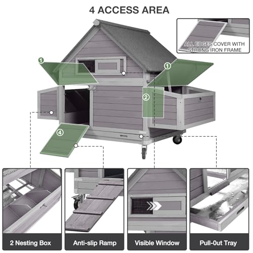 GUTINNEEN Large Chicken Coop with Wheels for 6-8 Chickens, Mobile Wooden Hen House with 2 Nesting Boxes, Removable Tray, Weatherproof Roof, Expandable Outdoor Poultry Cage - size: 67.3"L x 40"W x 49.8"H
