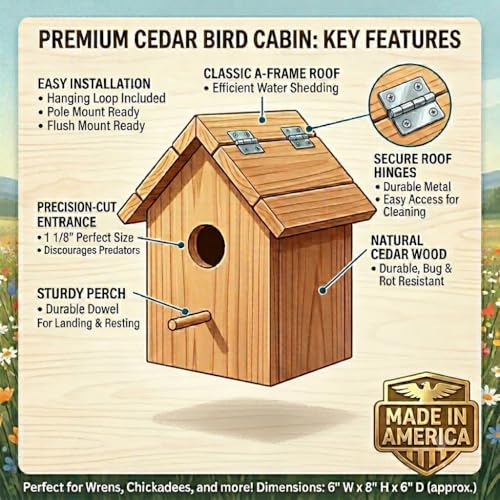 Handmade Natural Cedar Wood Assembled Cottage Birdhouse, Made in America | Classic Unpainted Cabin-Style Wren and Chickadee Nesting Box, Durable Hinged Roof, Front Entrance, Includes Perch (Assembled)