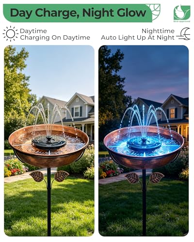 13" Metal Bird Bath with Solar Fountain, Battery & LED | 6.3" Fountain, 4 Fixed Rods, 5 Spray Patterns, 3" Deep Bowl, 1.4 Gallon Capacity, 5-Prong Stake for Flowing Water Feature