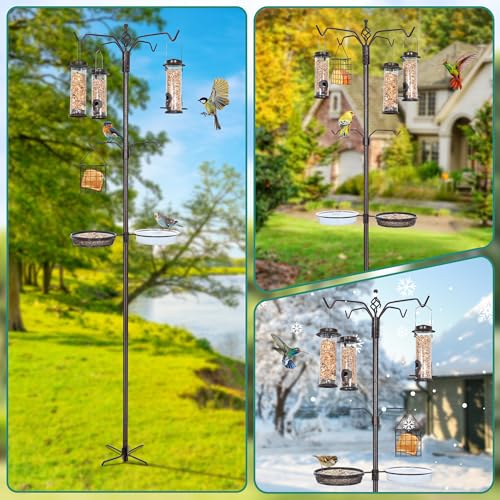 YINGYM Bird Feeding Station Kit, 94 Inch Bird Feeder Pole for Outdoors | 6-Hook Bird Feeder Stand with 4 Feeders, Metal Suet, Bath Tray and 5-Prong Base, Easy Assembly for Wild Birds Watching - size: 94 Inch without Squirrel Baffle