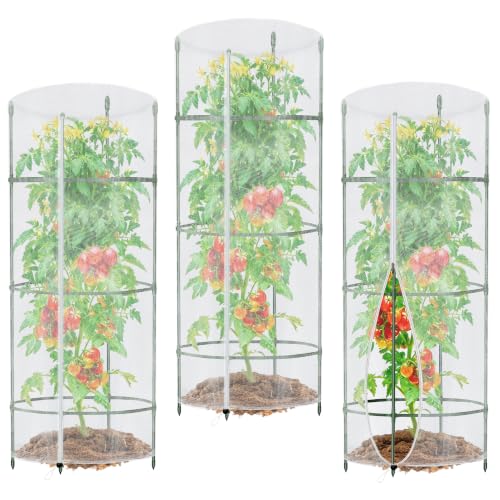 Garden Netting for Tomato Plants, Round Tomato Cage Plant Cover with Zipper | Set of 3, 57"x16" Tomato Trellis Bird Netting for Garden Protection, Tomato Net Insect Barrier for Climbing Plants Vegetables