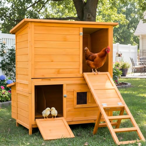 2-Story Chicken Coop for 6-8 Chickens, Sturdy and Easy to Assemble | Spacious 3 Nesting Boxes, Easy-To-Clean Pull-Out 2 Trays, Featuring A Foldable Ramp, And Asphalt Roof