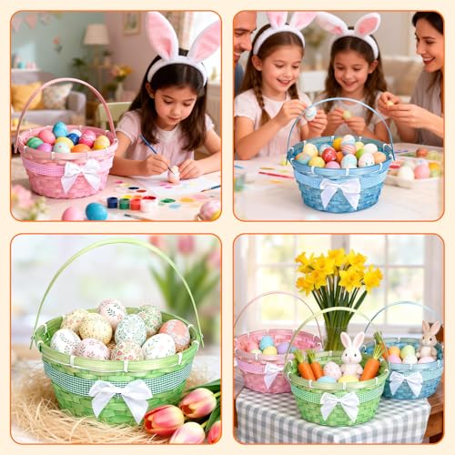 3 PCS Easter Bamboo Baskets Gift with Bow Ribbon and Handle, Woven Easter Eggs Hunting Bucket, Wicker Candy Toys Storage BucketBaskets with Handle for Picnic, Party Favors