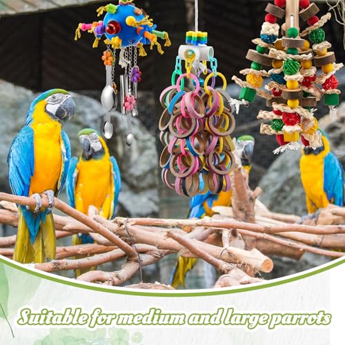 Seenelling 3 Pcs Extra Large Bird Toys for Parrots, Ring and Ball | Multicolored Natural Wooden Blocks & Beads Bells, Bird Cage Chewing Toys for Large Medium Macaws African Grey Cockatoos - style: Ring and Ball