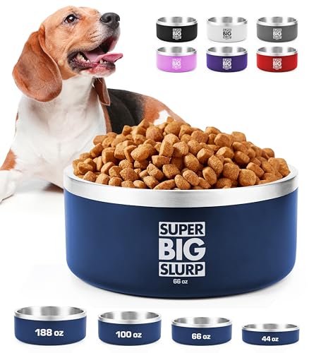 Tuff Pupper Heavy Duty Insulated Dog Bowl | Double Wall Stainless Steel Dog Food Dish | Non-Slip Spill Proof Dishwasher Safe Cat Bowl | Water Dish for Feeding Large Medium Small Pets (66oz, Blue) - color: Midnight Blue, size: 66oz