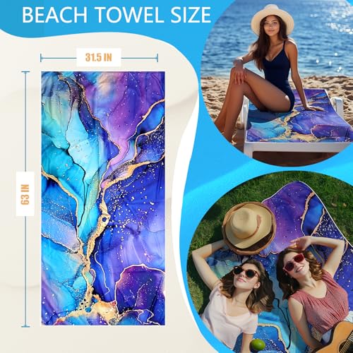 Purple Marble Beach Towel - Microfiber Beach Blanket Backpack for Travel Adult Camping Holiday 63"x31.5" - color: Abstraction Marble Purple