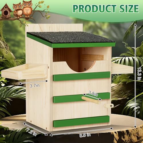 Owl House, Screech Wooden Owl Nesting Box, Weatherproof Design with Bird Stand, Large Opening, Mounting Screws, and Wood Shavings for Outside Backyard