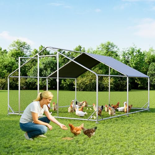 Aoxun Metal Chicken Coop, Outdoor Chicken Runs for Yard with Cover, Spire Roof Hen House Enclosure with Security Lock, Walk-in Cage Peak Hen House for Yard Farm (10x13x6.4 FT) - size: 156.0"L x 120.0"W x 76.8"H