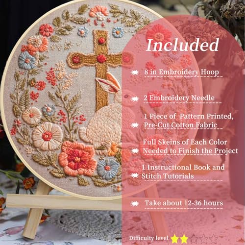 FONNUY Easter Rabbit Floral Cross Embroidery Kit, Easter Egg Happy Rabbits Bunny Stamped Pattern Kits for Audlt Beginners, Hand Works Crafts, 8 x 8'' (Happy Bunny 02) - color: Happy Bunny 02