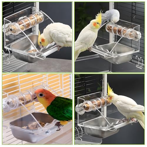 BNOSDM Bird Feeder for Cage with Rotating Foraging Toy No Mess Acrylic Hanging Food & Water Dispenser with Stainless Steel Bowl & Anti-Slip Perch Stand for Parrot, Budgie, Parakeet, Lovebird, Canary