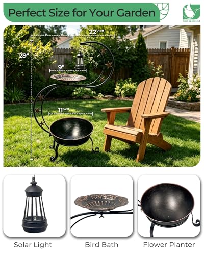 Solar Bird Bath with Flower Planter, S-Shaped Standing Garden Decor | Solar Glow, Hummingbird Embossed Bowl, 2-Tier Planter, Weather Resistant Metal, Garden Patio Accent