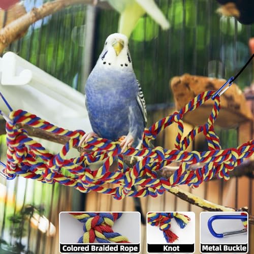Parrot Climbing Net, Colorful Woven Pets Climbing Net with 4 Hooks, Small Animal Hanging Hammock Net Rat Cage Accessories for Parrot, Hamster (Red, M)