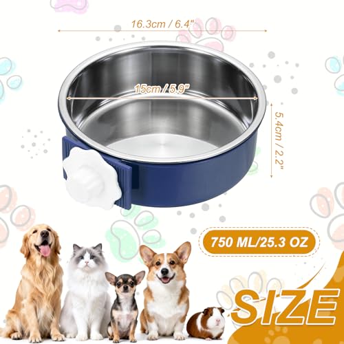 Crate Dog Bowl, Removable Stainless Steel Pet Cage Hanging Anti-Overturn Food Water Feeder Cage Cup (Round, Dark Blue, 25.3oz), Intended for Puppies/Cat/Rabbit/Bird - color: Dark Blue, size: 6.4"(25.3oz)