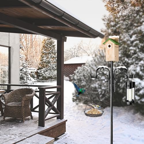 92" Double Shepherds Hook Heavy Duty, Metal Garden Plant Stand | 5-Prong ground base double shepherd hook with top platform bracket 0.75" rustproof tall pole for hanging plants & bird feeder