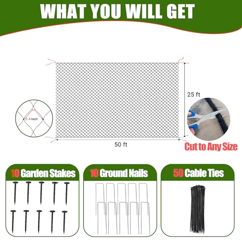 CITOOTY Bird Netting for Chicken Coop Run, 25x50 Ft Heavy Duty Poultry Netting with 2.4" Mesh, UV Resistant Black Net Garden Netting for Fruit Trees, Vegetable Plants, and Yard Protection - size: 2.4", 25' x 50'