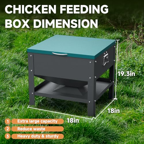 Heavy-Duty Automatic Chicken Feeder 60 lbs Capacity, No-Waste Gravity Poultry Feeder with Lid, Waterproof Galvanized Steel Feeding Box for Hens, Up to 16 Chickens for Coop & Run Use(Green) - color: Green