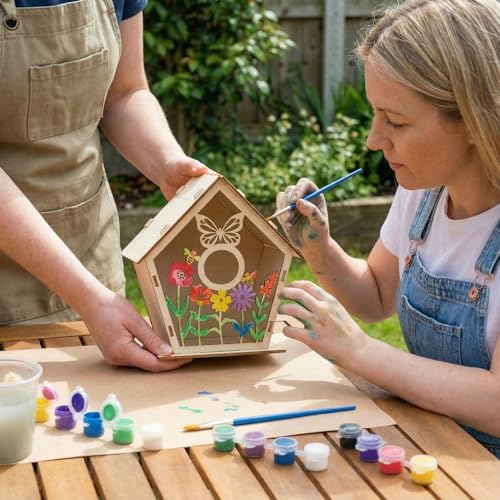 DoubleFill 24 Pack Wooden Bird Houses Painting Craft Kit Unfinished DIY Wood Birdhouses to Build and Paint for Summer Arts and Craft Projects Class Parties Birthday Party Favors
