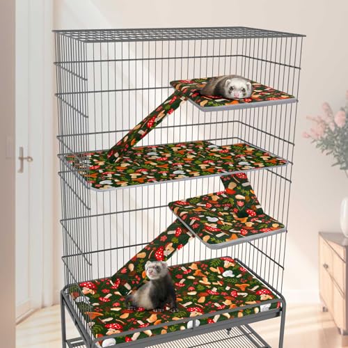 Bienbee Ferret Cage Liner Set, Leakproof Ferrets Cage Accessories for Small Animals Rats Chinchillas Hedgehogs Ferrets(Green Mushroom, Double Unit Combo) - color: Green Mushroom, size: Double Unit Combo-7 PCS