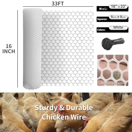 Plastic Wire Mesh Fence 16in x 33Ft Plastic Chicken Wire Mesh for Poultry, Dogs, Rabbit, Snake Barrier & Gardening Versatile Plastic Fencing (16in x 33Ft, White) - color: White, size: 16in x 33Ft