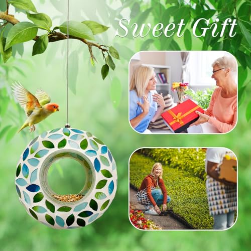 Hanging Bird Feeders for Outdoor Glass Mosaic Fly Through Wild Bird Feeder Round Shape Birdfeeder for Outside Garden Yard Patio Decoration Green - color: Green2