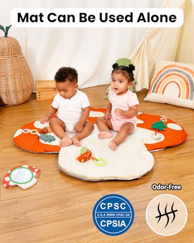 Thickened Baby Play Gym, Machine Washable Playmat | Extra Large Activity Mat, Tummy Time Mat with 5 Detachable Toys for Motor Skills, Non-Slip Bottom, For nursery, Mushroom