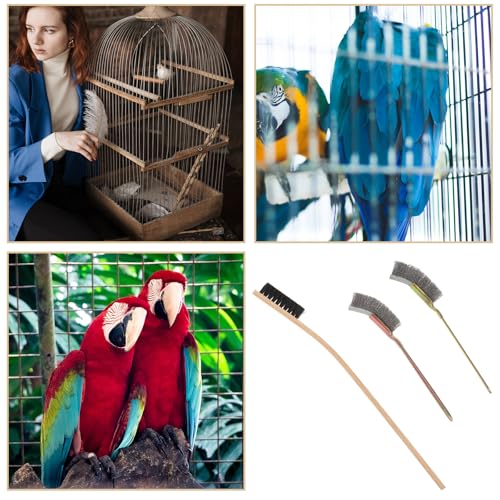 Bird Cage Cleaning Brushes, 3Pcs Bamboo Stainless Steel Narrow Handle Set for Birdcage Cleaning Bird Poop Remover with Hanging Hole