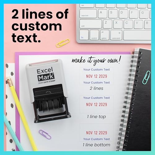 ExcelMark 2445 Date Stamp with Text - Blue and Red Ink (Gray Mount, Custom) - color: Gray Mount, size: Custom