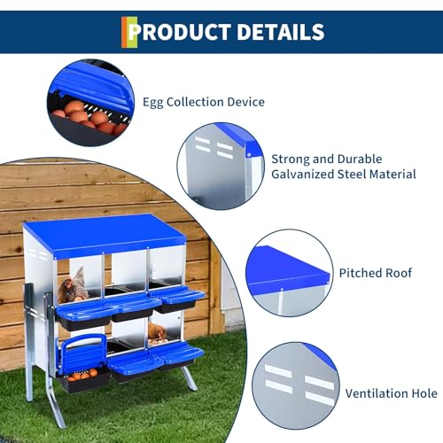 Chicken Nesting Box, 6 Compartment Roll Away Design for High-Volume Egg Collection and Easy Wall Mounting with Metal Legs - color: Blue, size: 6 holes with legs