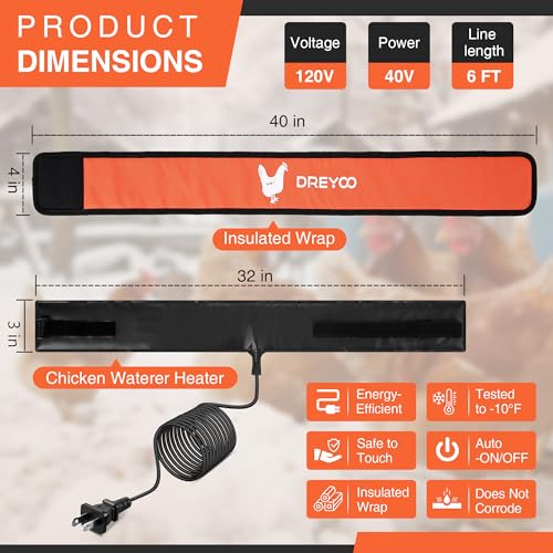 Dreyoo Thermo Bucket Belt with Insulated Wrap, Fits 2-5 Gallon Chicken Waterer, Auto-Thermostatic Chicken Waterer Heater with 5.9ft Power Cord, Energy-Efficient & Durable, Safe to -10°F