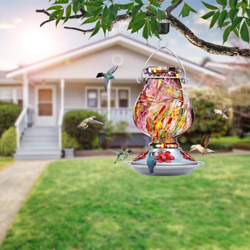 Hummingbird Feeders for Outdoors Hanging, Hand Blown, Purple, 22oz | Glass Hummingbird Feeder with Ant Moat, 5 Bee-Proof Ports, Leak-Proof, 360° Perch, Garden Decor, Gifts for Women Men Mom Dad - color: Purple