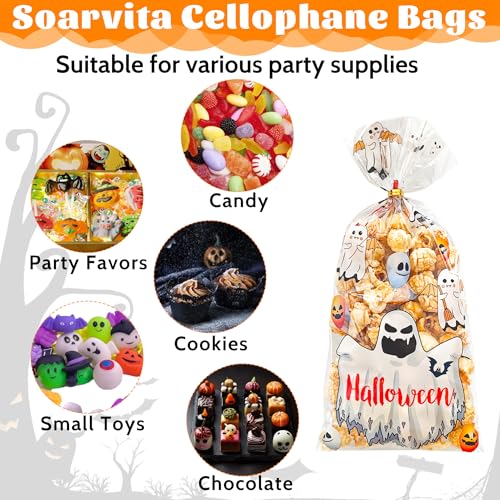 Soarvita Halloween Treat Bags – 50pcs Clear Goodie Bags with 60pcs Twist Ties for Candy Cookies and Gifts Packaing, Halloween Trick or Treat Party Favors Wrapping - color: Halloween-50pcs