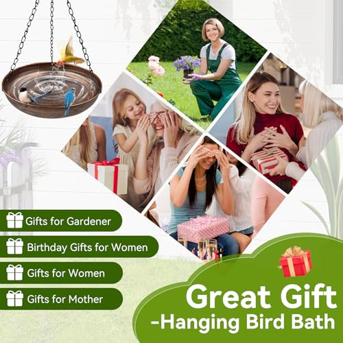 10" Compact Metal Hanging Bird Bath with Chains | 1.6" Deep Bowl, 0.4Gal Capacity, 3 Chain Support, Easy Cleaning, Rust Resistant, Small Space Decor - size: 10"