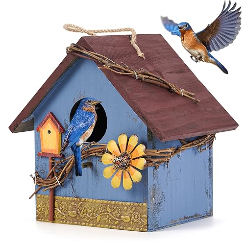 Blue Wooden Hanging Bird House Feeder for Outside Garden Wild Birds | Decorative blue wooden hanging birdhouse feeder nest box for outdoor garden, hummingbird cardinal bluebird bird lovers gift