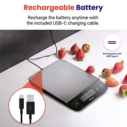 Etekcity 22lb Food Kitchen Scale, USB Rechargeable, IPX6 Waterproof | Digital scale with grams & ounces, 1g precision, 5 weight units, tare, ideal for baking, meal prep, Stainless Steel, Silver - color: Stainless Steel-Silver