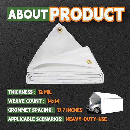 RAINDEWAY 10' X 12' White Heavy Duty Waterproof Poly Tarp Protective Cover | 12 Mil Extra Thick,Finished Size,UV Resistant,Weatherproof,with Metal Grommets and Reinforced Edge - color: White, size: 10x12 Feet-Finished size