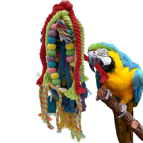 20.5 inch Parrot Chewing Toys - Wooden Block Tearing and Cotton Rope Toys for Medium Large Extra Large Parrot Conures African Grey Amazon Cockatoo and Macaw