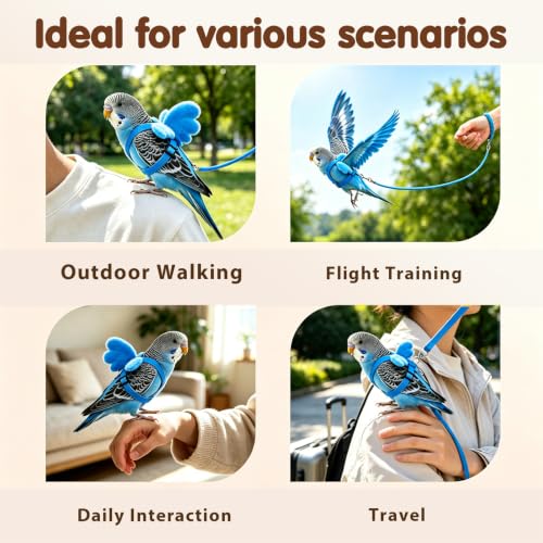 Pet Parrot Bird Harness and Leash, 2m Adjustable Polyester Rope with Cute Wing, Bird Flying Harness for Parrots, Pigeons, Budgerigars, Lovebirds, Cockatiels Outdoor Use - color: Blue, size: S
