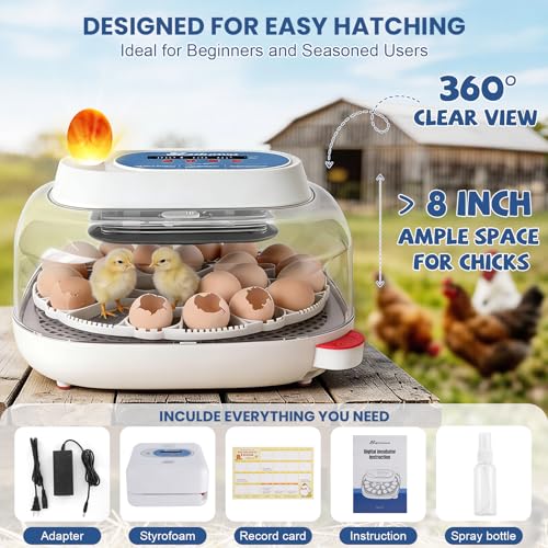 Sailnovo 24 Egg Incubators for Hatching Eggs, 360° View with 4 Modes, Blue | Automatic Temperature Control, Egg Turning, Humidity Display, Egg Candler, 360° View, 4 Smart Modes for Chicken Duck Quail