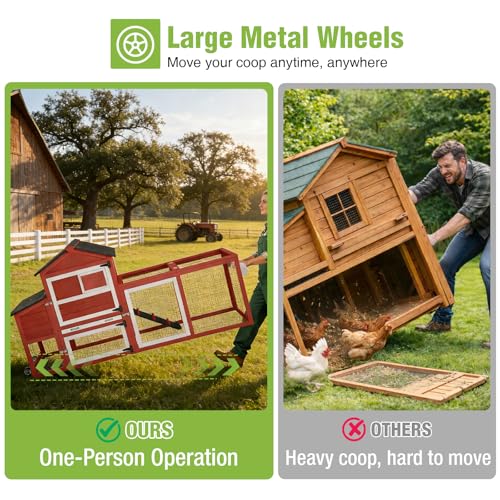 GUTINNEEN Mobile Chicken Coop with Wheels for 2-4 Chickens, Expandable Wooden Hen House with Divided Nesting Box, Reinforced Coop Balcony, Roosting Perch, Metal Pull-Out Tray, 82.4" L (Red) - color: Red, size: 80.7"L x 22.0"W x 44.1"H