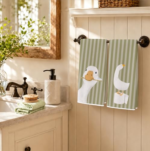 Kids Bathroom Decor, Goose Towels Bathroom Decor, Toddler Bathroom Towel, Cute Duck Green Farm Animal Dish Towels Gifts for Washroom Restroom 16x24 Inch Set of 2 - color: Green Stripes Silly Goose