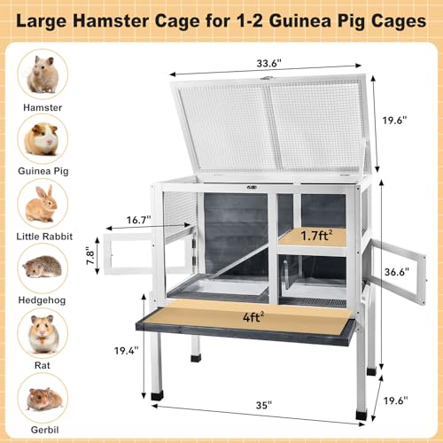 2-Story Guinea Pig Cage with Stand, Indoor Wooden Hamster Cage with Ramp, Pull-Out Tray, Hideout & Platform, Acrylic Transparent Small Animal Habitat for Chinchillas, Ferrets, Hedgehogs,Grey - color: Grey