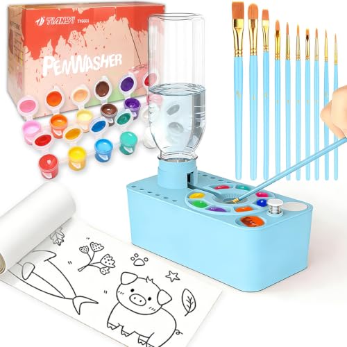 Paint Brush Cleaner Tool,Painting Running Water Circulation Art Supplies,with Brushes,Colors Paint,Watercolor Paper,Paint Station Creative Gift for Kids Girls Adult Artist Beginners - color: Blue