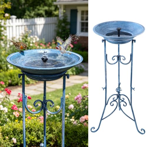 Multifunctional Solar Bird Bath, Solar Powered Bird Bath Fountain | Metal Birdbath Stand and Solar Fountain Bird Bath Bubbler Combo Set,High-efficiency solar panels（Blue） - color: Blue