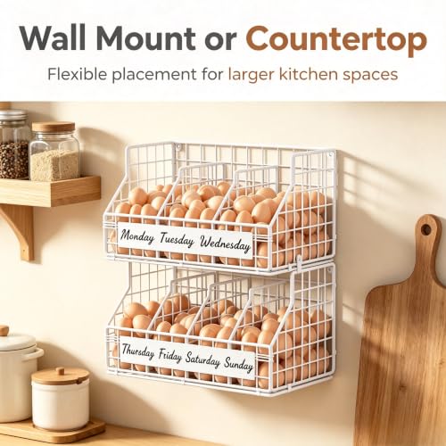 Egg Holder Countertop, Large 2T Chicken Egg Basket for Gathering Fresh Eggs | Egg Storage Organizer with Adjustable 5 Divider & Label, Stackable Wall Mounted Egg Collecting Basket Rack, XXL White - color: 2T XXL White